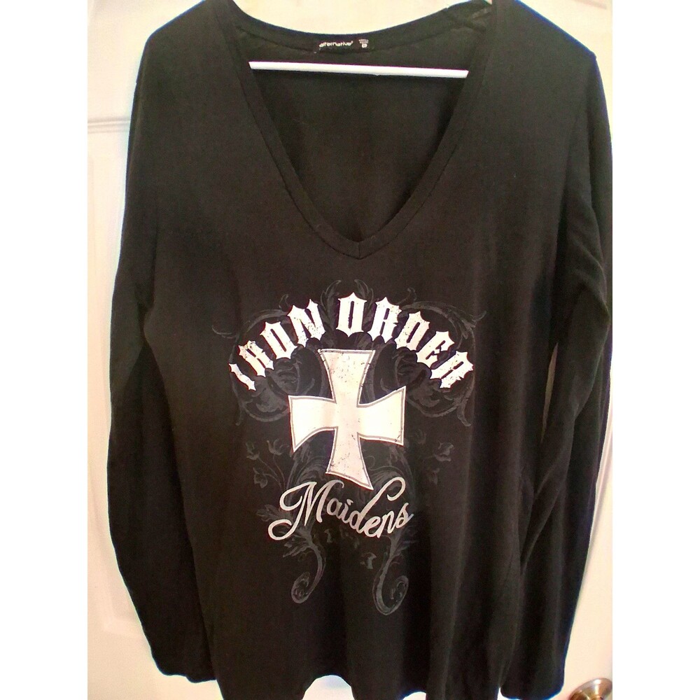 Iron Order MC Maidens Shirt Womens Long Sleeve V-Neck Black Cross Biker Support